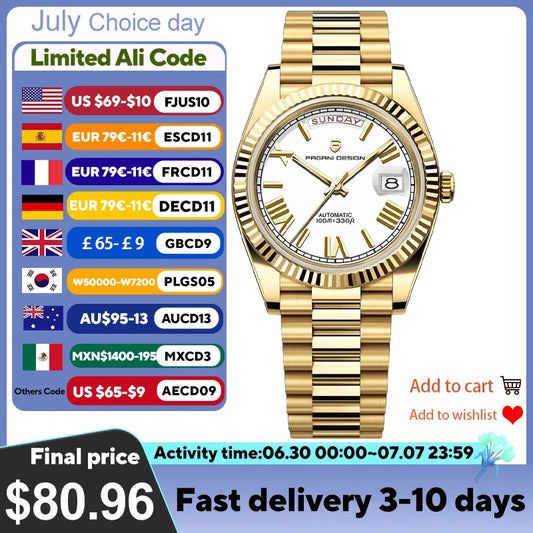 PAGANI DESIGN Men's Watches DD40 Gold White Luxury Automatic Watch Men Japan Movt Date Week Mechanical Watches For Men 2026 New