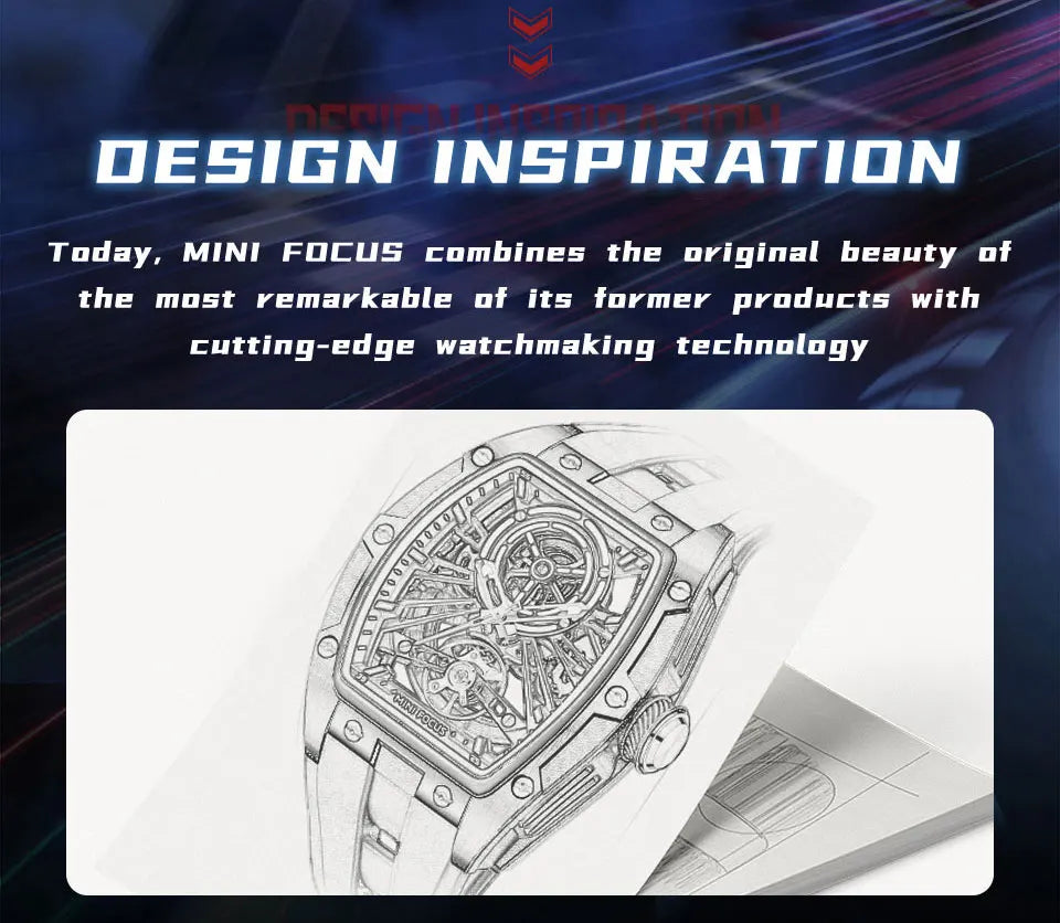 MINI FOCUS Men Wristwatch Fashion Black Waterproof Automatic Mechanical Watch with Luminous Hands Silicone Strap Tonneau Dial