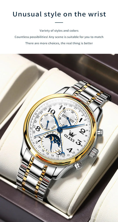 OLEVS 6667 Mens Watch Multifunctional Chronograph Mechanical Watch Leather Strap Moon Phase Watches For Man Luxury Original