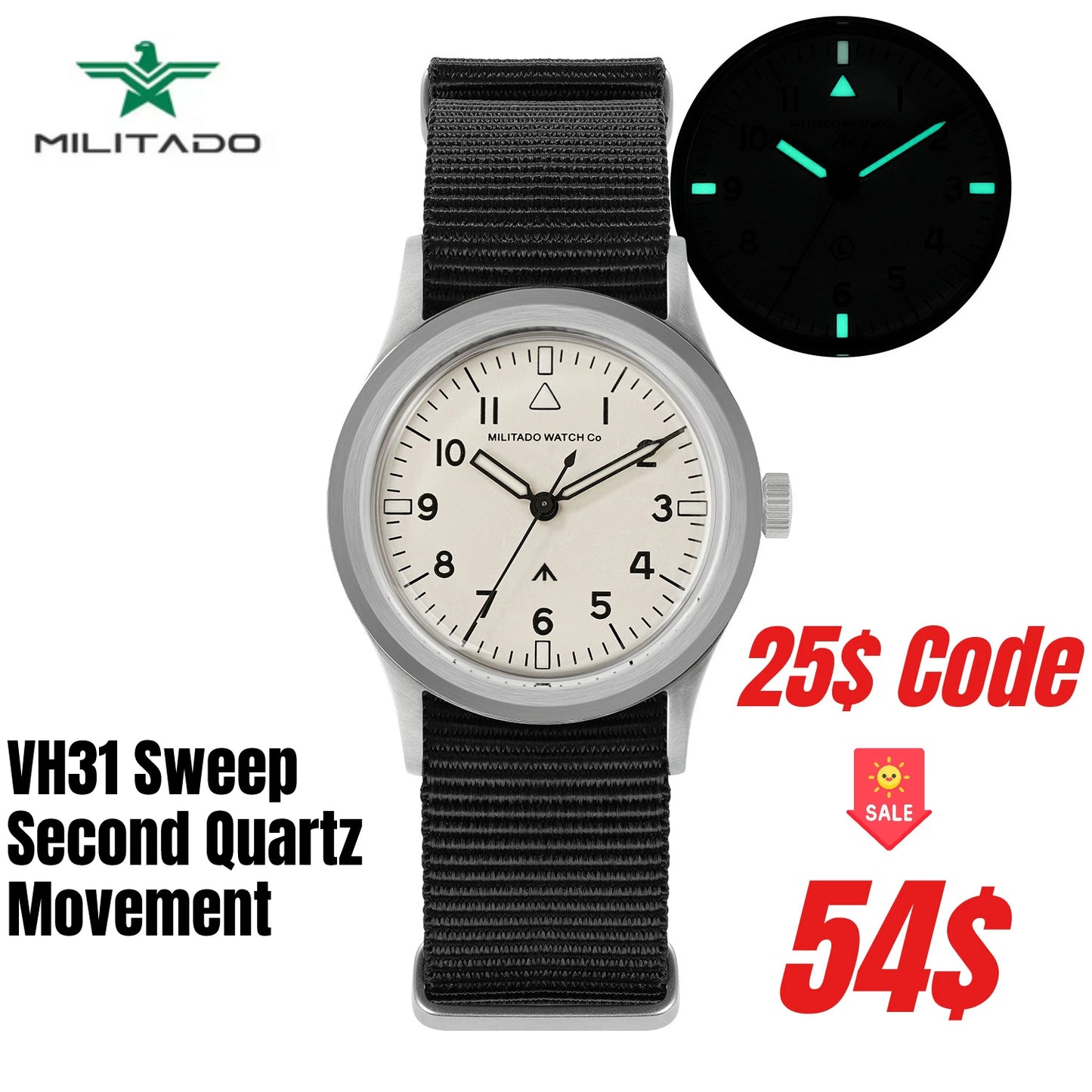 Militado ML14 Quartz Watch VH31 Movement Bubble Sapphire Crystal Vintage Watch 100m Waterproof BGW9 C3 Luminous Watch