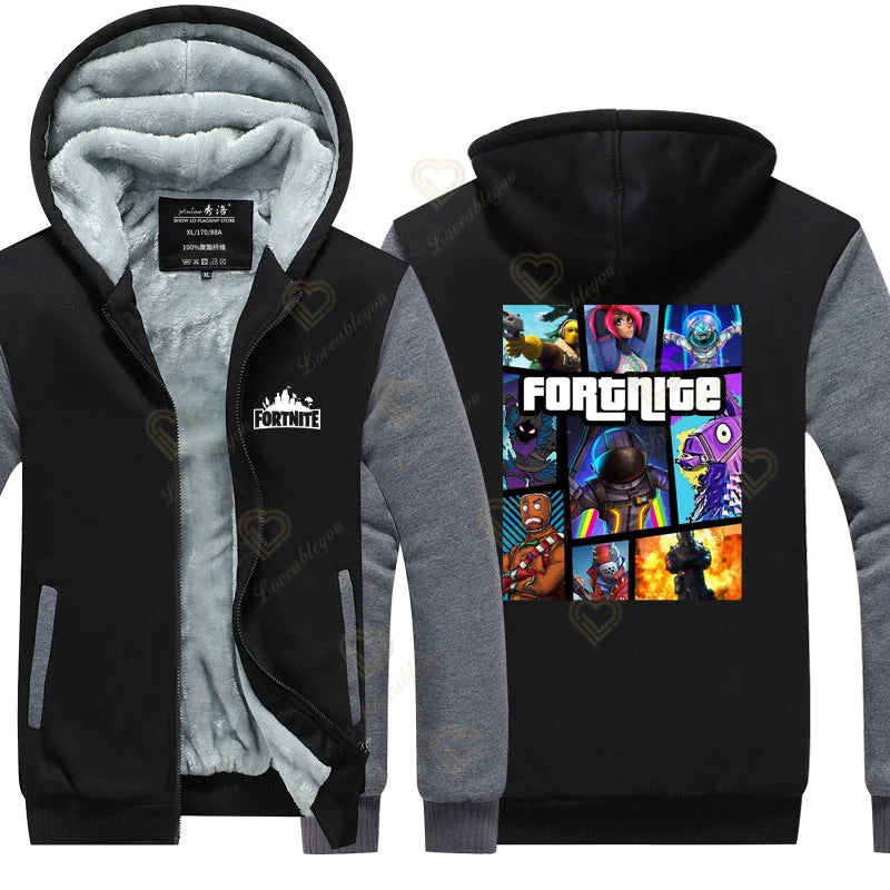 Winter Warm Fortnite Luminescent Hoodies Men Women Game Cosplay Sweatshirts Thick Fleece Zipper Couple Jacket&Coat