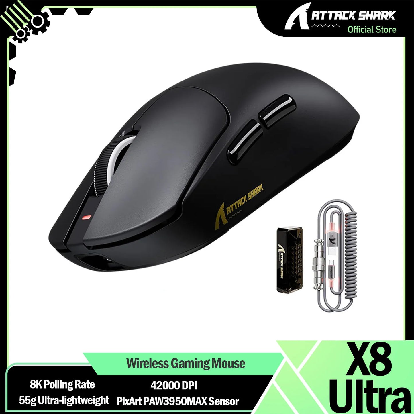 ATTACK SHARK X8 Ultra 8KHz Wireless Gaming Mouse, 55g Superlight, Nordic 52840, PAW3950MAX, 42KDPI, Cool Nano-Coating, 500mAh