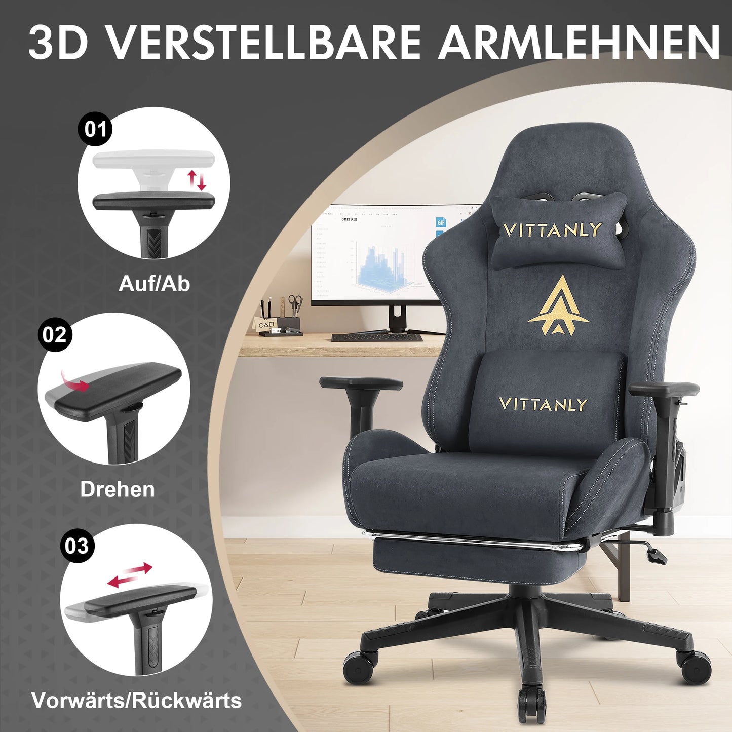 HAPIHAPPY Fashion Gaming Chair Genuine Computer Office Chair with Pocket Spring Cushion Linkage Armrests and Footrest Game Chair