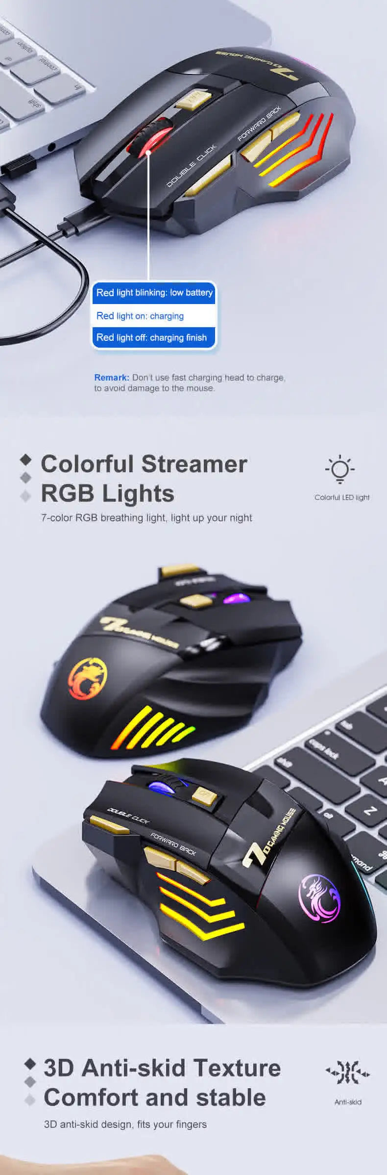 Wireless Mouse Bluetooth Wireless Mouse Rechargeable Computer Mouse Gamer Ergonomic Gaming Mouse RGB Backlit Silent Mice For PC