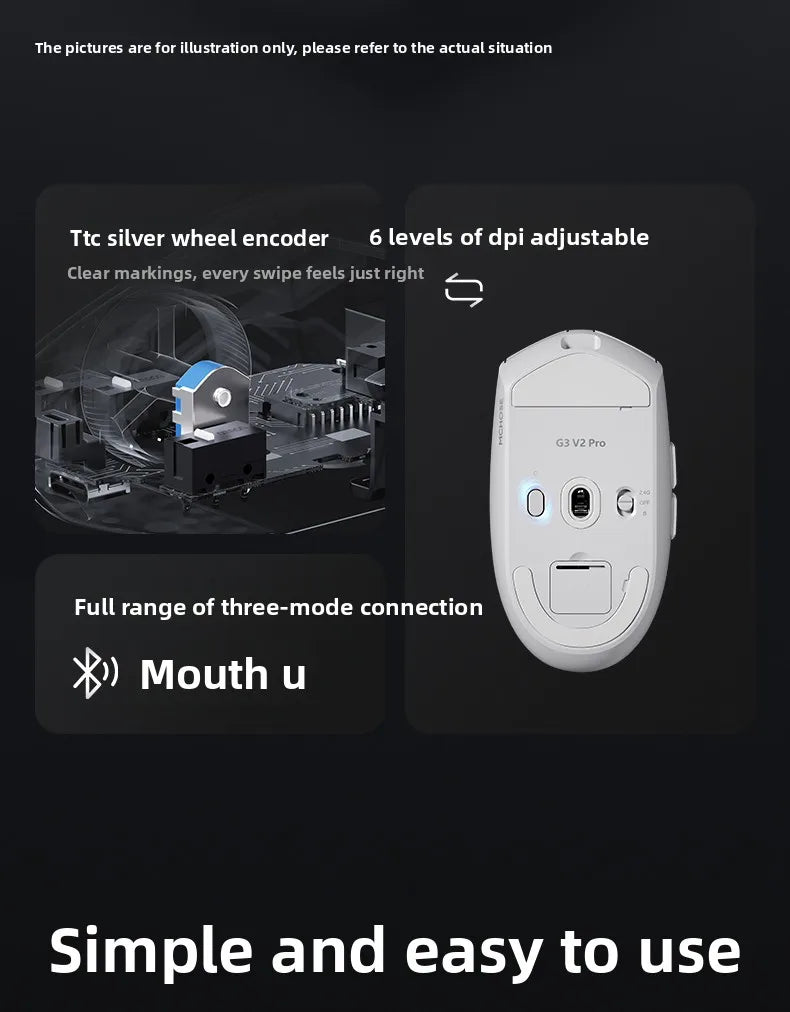 MCHOSE G3 V2 PRO brezžična miška Bluetooth s tremi načini povezave, ergonomska in lahka, za prenosnik, pisarno, gaming in računalniške dodatke