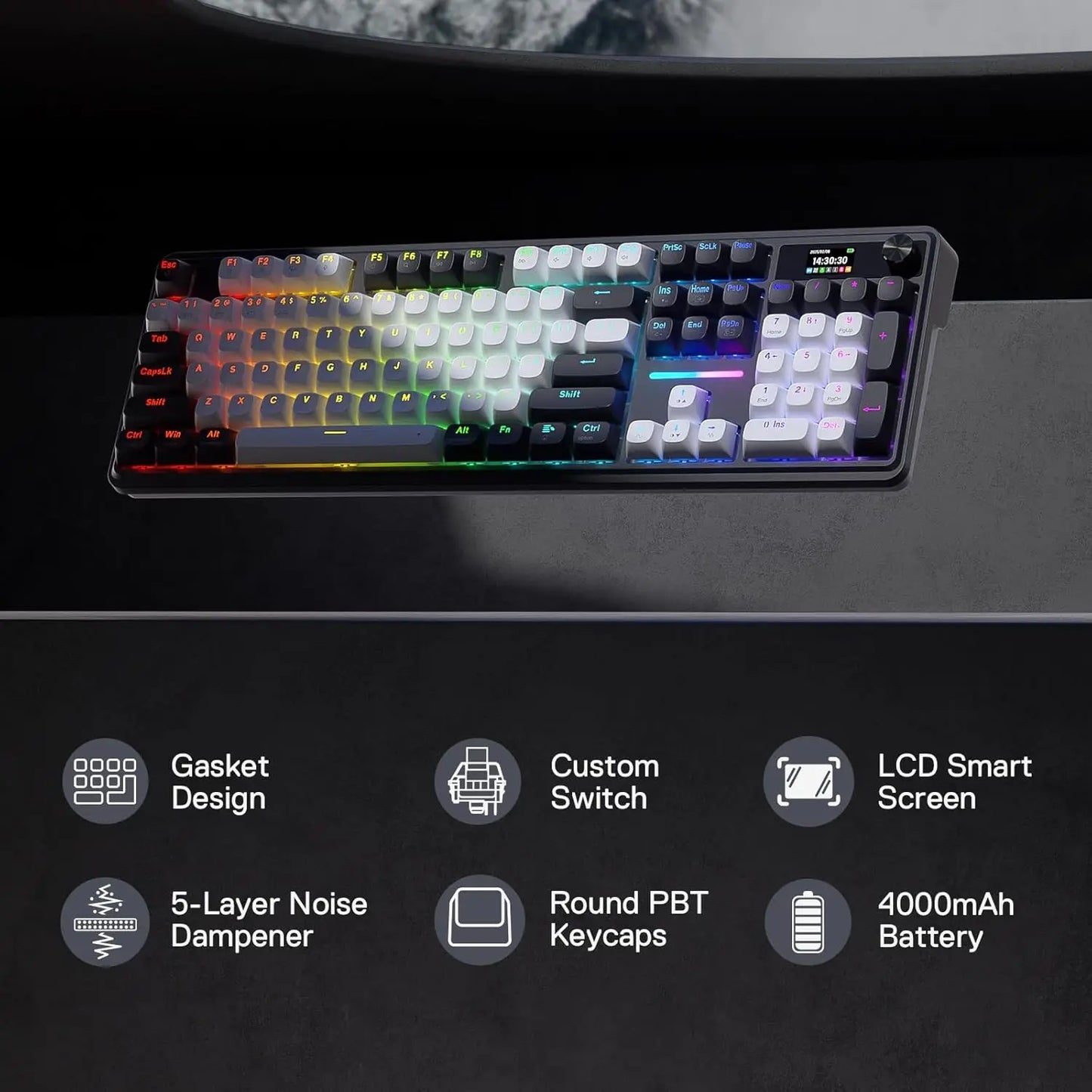 Redragon K762 Wireless Gasket Gaming Keyboard,104 Keys Mechanical Keyboard, Easy-Control 1.14’’ TFT Info Display