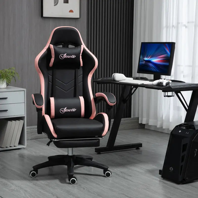 Adjustable Height Gaming Chair with Headrest, Ergonomic Gaming Chair with Footrest, PU Leather Computer Chair for Gaming Desk, Pink & Black