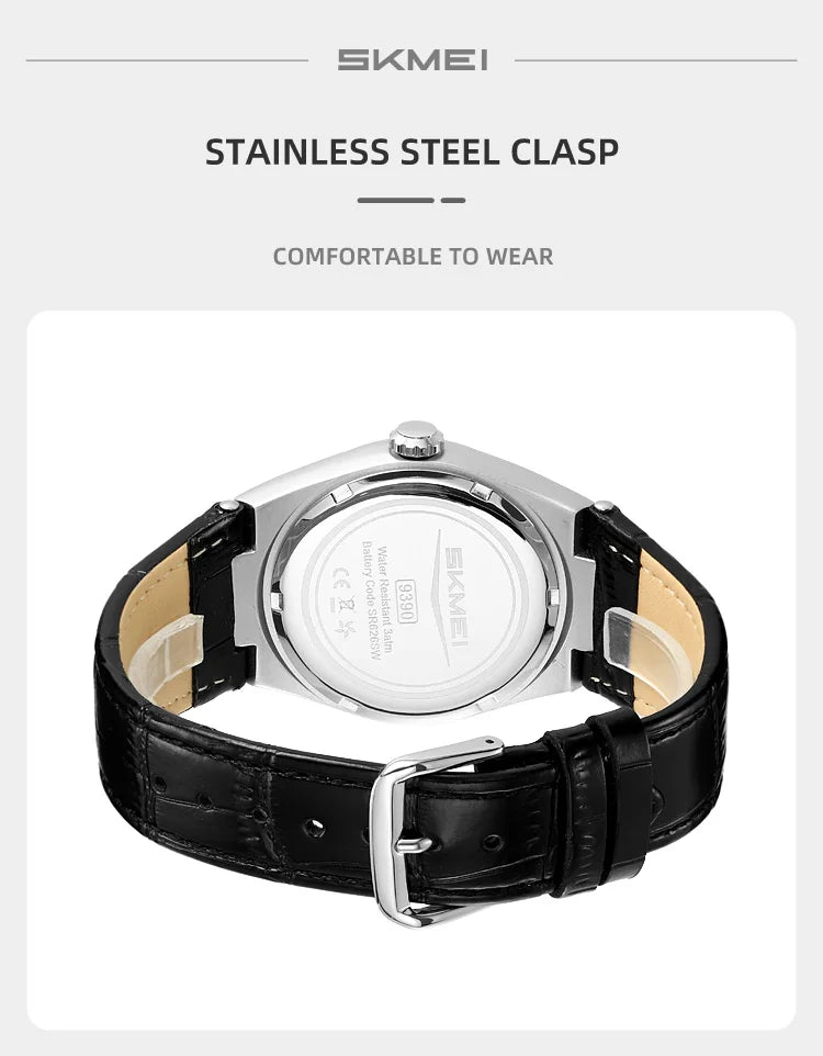 SKMEI 9390 Elegant Men's Quartz Watch Roman Scale Calendar Waterproof Leather Strap Casual Business Watches for Man Reloj Hombre