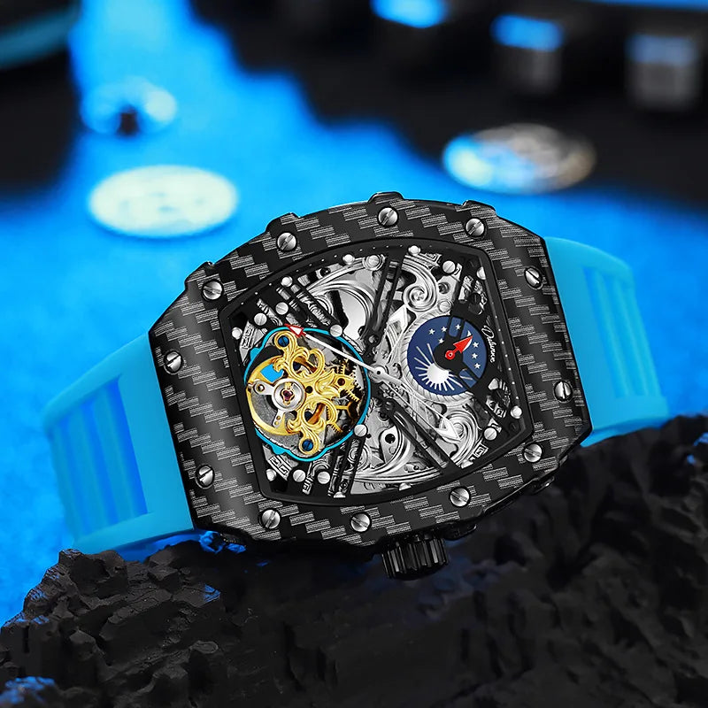 Mechanické hodinky s tourbillonem pro muže, silikonový řemínek, skeletové, tvaru tonneau, automatické, luxusní pánské hodinky Reloj Hombre