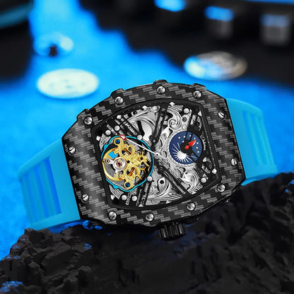 Mechanické hodinky s tourbillonem pro muže, silikonový řemínek, skeletové, tvaru tonneau, automatické, luxusní pánské hodinky Reloj Hombre