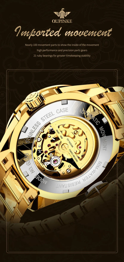 Reloj para hombre OUPINKE de marca de lujo, oro y acero de tungsteno, original, automático mecánico, con esfera decorada con motivo de dragón