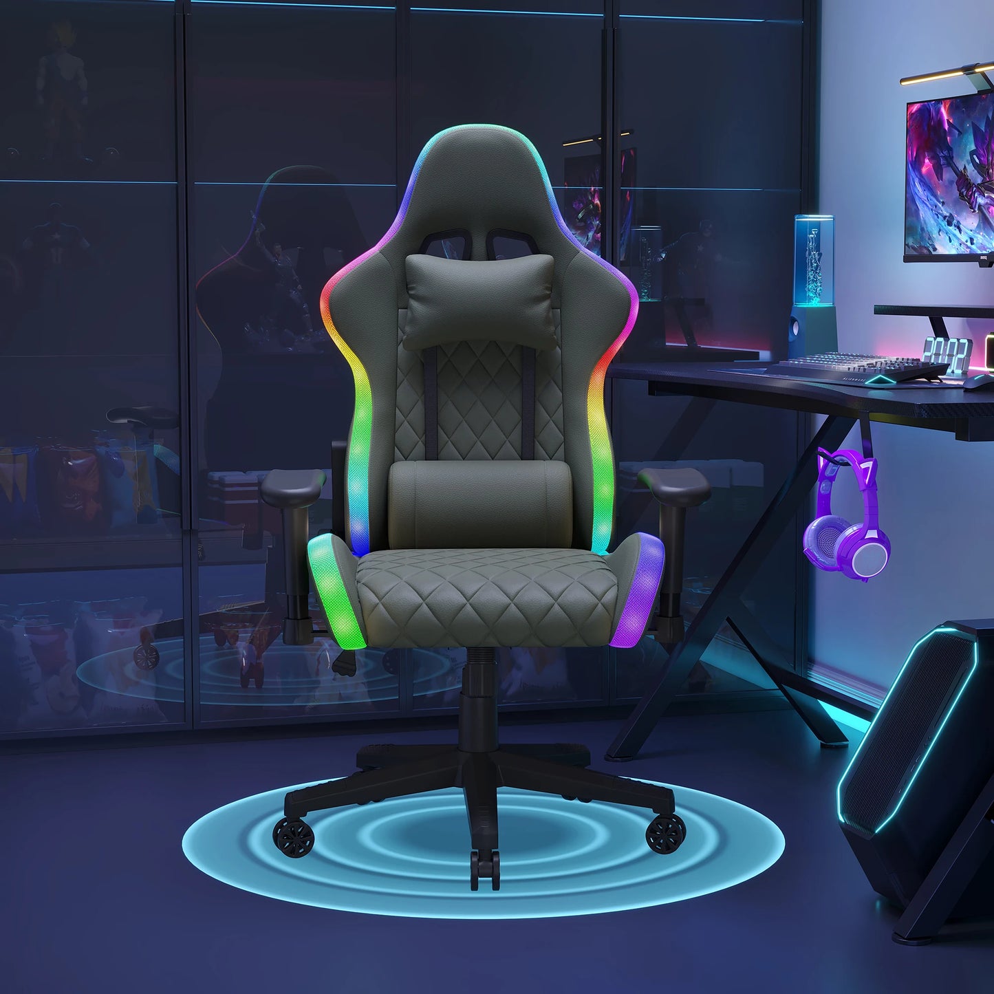 Comanlai Ergonomic Gaming Chair with RGB LED Lights Massage Lumbar Pillow Adjustable Recline Height Game Chair for Office Gaming