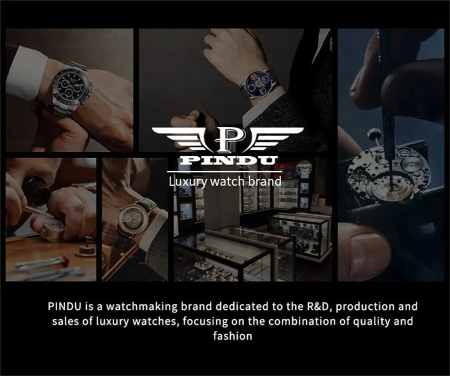 PINDU NEW TOP Quartz Watches Button oil Pump Business Men Wristwatches 45.5MM Sapphire Mirror Waterproof Leather Watch for Men