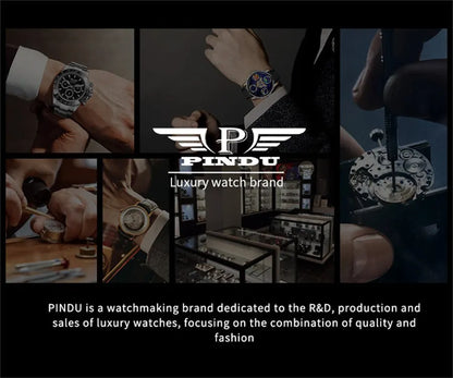 PINDU NEW TOP Quartz Watches Button oil Pump Business Men Wristwatches 45.5MM Sapphire Mirror Waterproof Leather Watch for Men