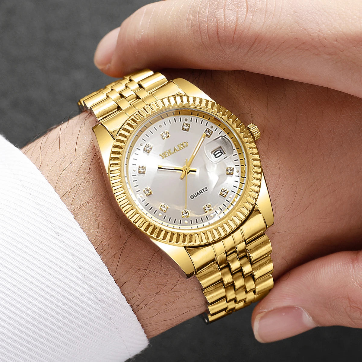 Luxury Men Business Watches Fashion Rhinestone Steel Calendar Quartz Watch Reloj Hombre Clock Gift（Without Box）