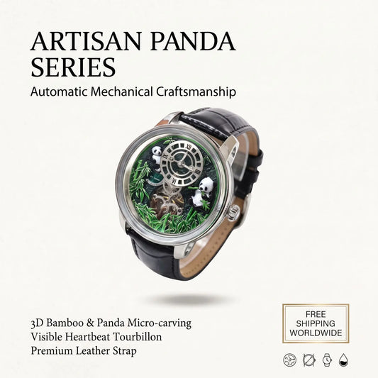 MechJazz Luxury Artisan Panda Dial Mechanical Watch, Skeleton Automatic Movement, Cowhide Leather Strap, Men's Wristwatch