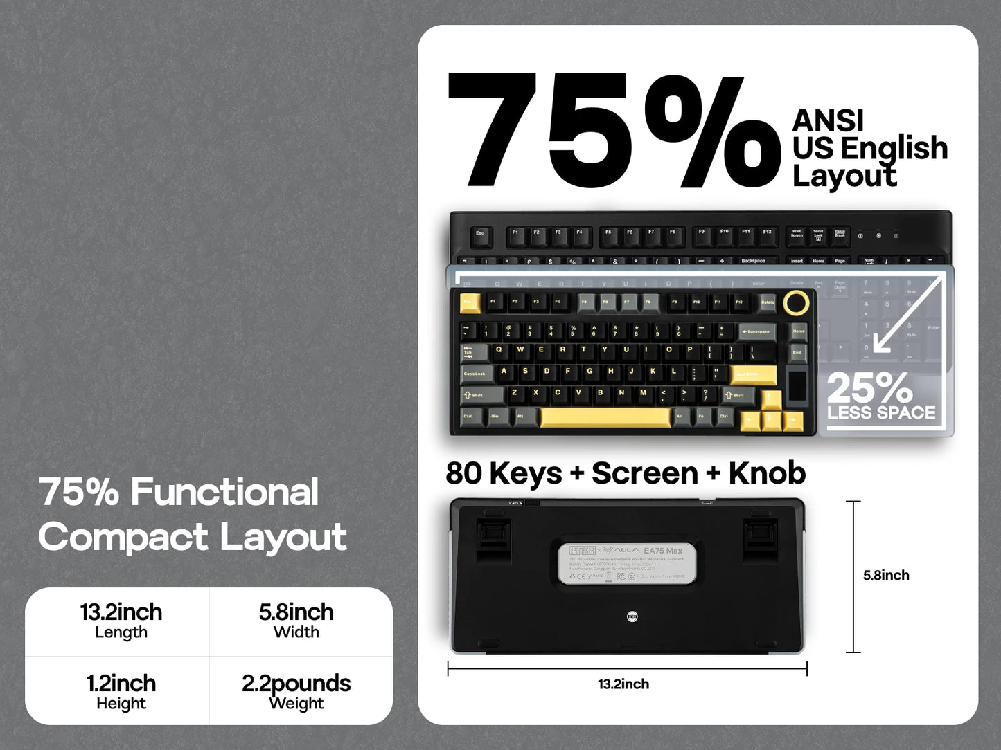 EPOMAKER X AULA EA75 MAX 75% ANSI US Layout Hot-Swap Gasket Wired/BT/2.4GHz Wireless Mechanical Keyboard with Screen & Knob