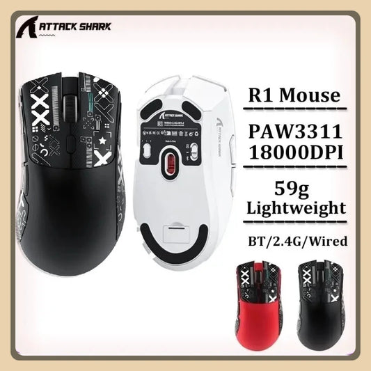 Attack Shark R1 Wireless Gaming Mouse, Tri-Mode Bluetooth & 2.4G USB Gaming Mouse with PAW3311 Sensor, 18,000 DPI, 59g Lightweight Gaming Mouse for PC, Mac & Laptop