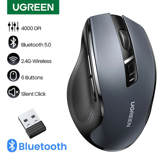 UGREEN belaidė pelė Bluetooth 5.0, ergonomiška 4000DPI pelė su 6 tyliais mygtukais, skirta MacBook, planšetėms, nešiojamiesiems kompiuteriams, kompiuteriams ir PC, 2.4G pelė