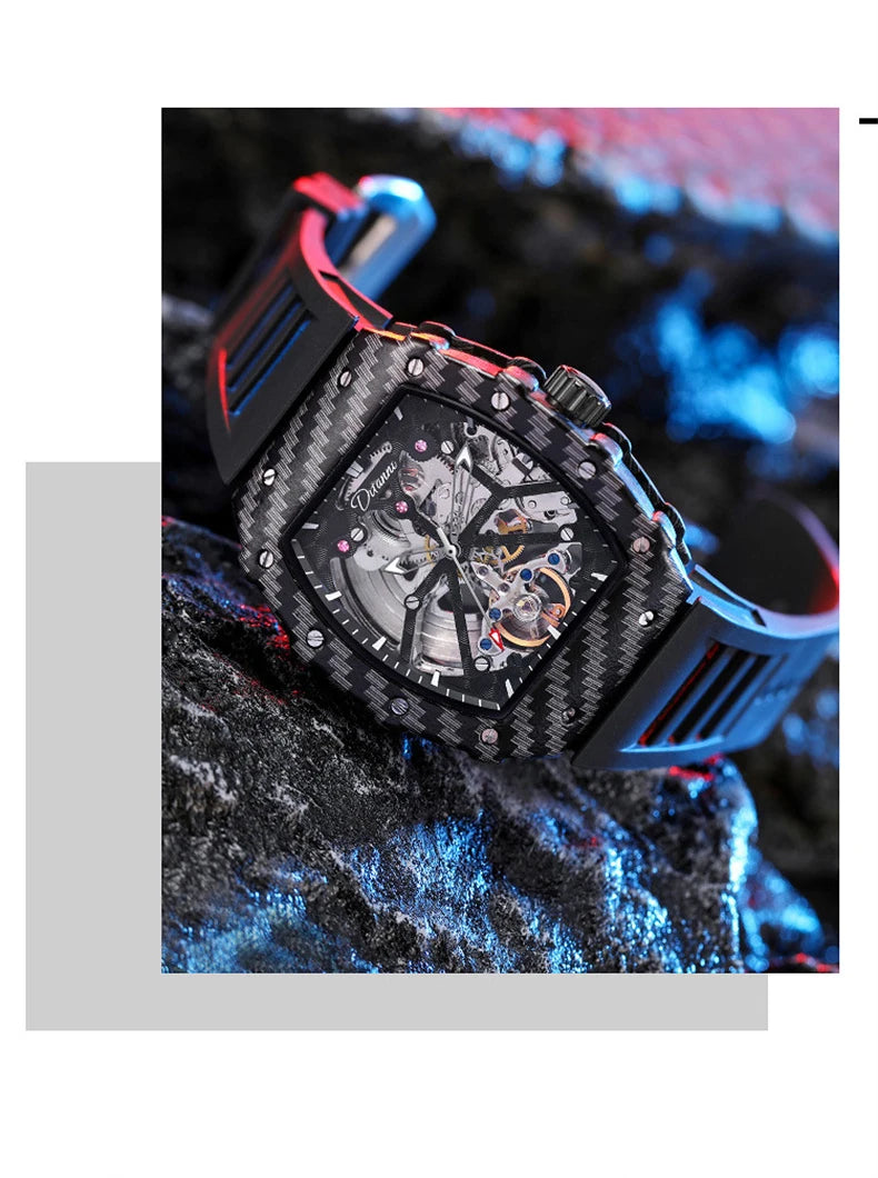 Mechanické hodinky s tourbillonem pro muže, silikonový řemínek, skeletové, tvaru tonneau, automatické, luxusní pánské hodinky Reloj Hombre