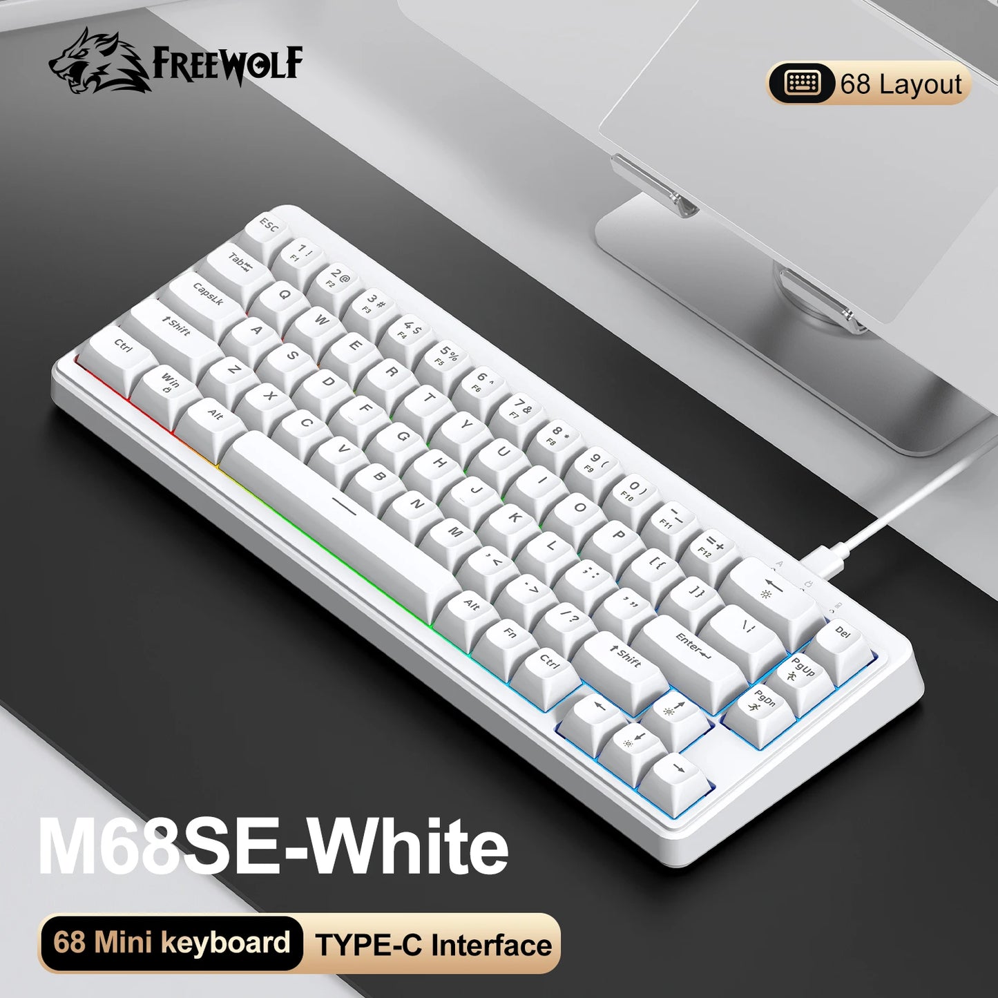 FREEWOLF M68SE 68 key wired mini keyboard, designed ergonomically, dazzling lights and compatible with multiple systems