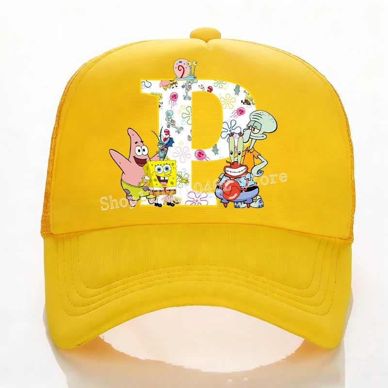 SpongeBobs Baseball Cap Kids Adult Summer Outdoor Sports Sun Hat Child Cute Letter A-Z Sunbonnet Breathable Mesh Headgear Gift