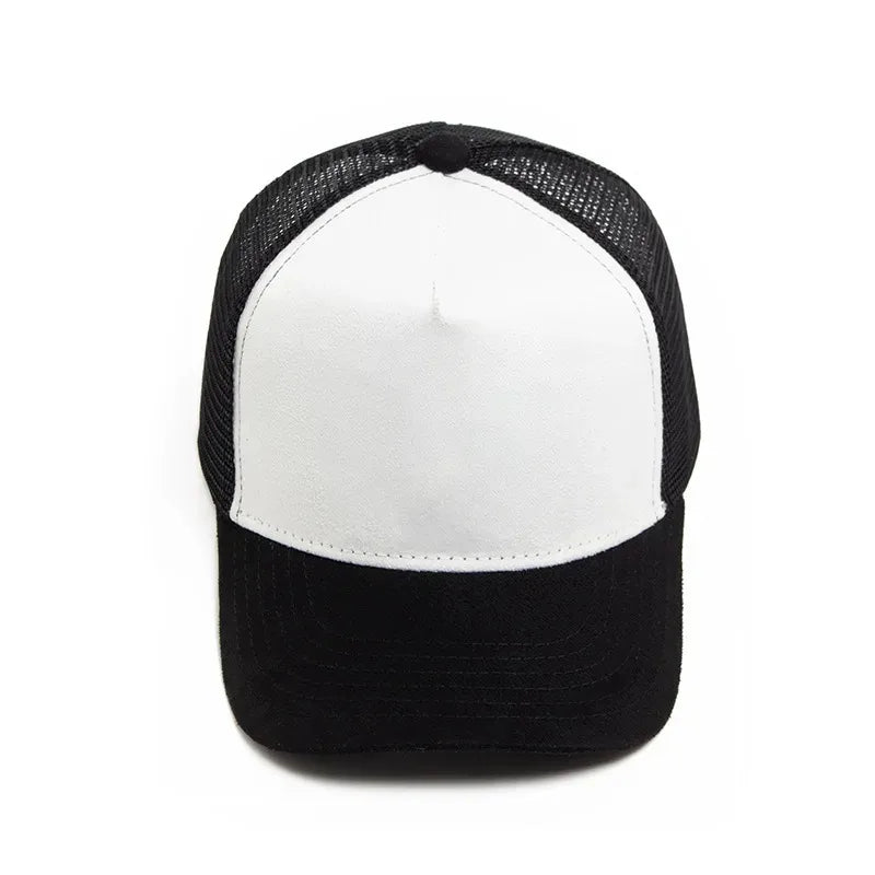 2025 m. unisex 5 dalių tinklinė zomšinė „Trucker“ kepurė su individualiu logotipo spaudiniu vyrams, beisbolo kepuraitė pavasariui ir vasarai, kvėpuojančios sportinės kepurės moterims
