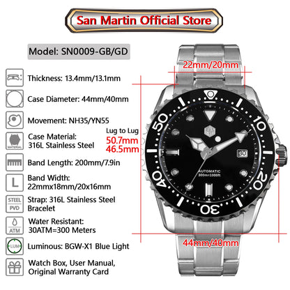 San Martin New 40-44mm Luxury Men's Diver Watch, Classic High Quality NH35 YN55 Automatic Mechanical, Sapphire, BGW-X1, 20Bar