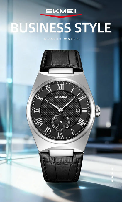 SKMEI 9390 Elegant Men's Quartz Watch Roman Scale Calendar Waterproof Leather Strap Casual Business Watches for Man Reloj Hombre