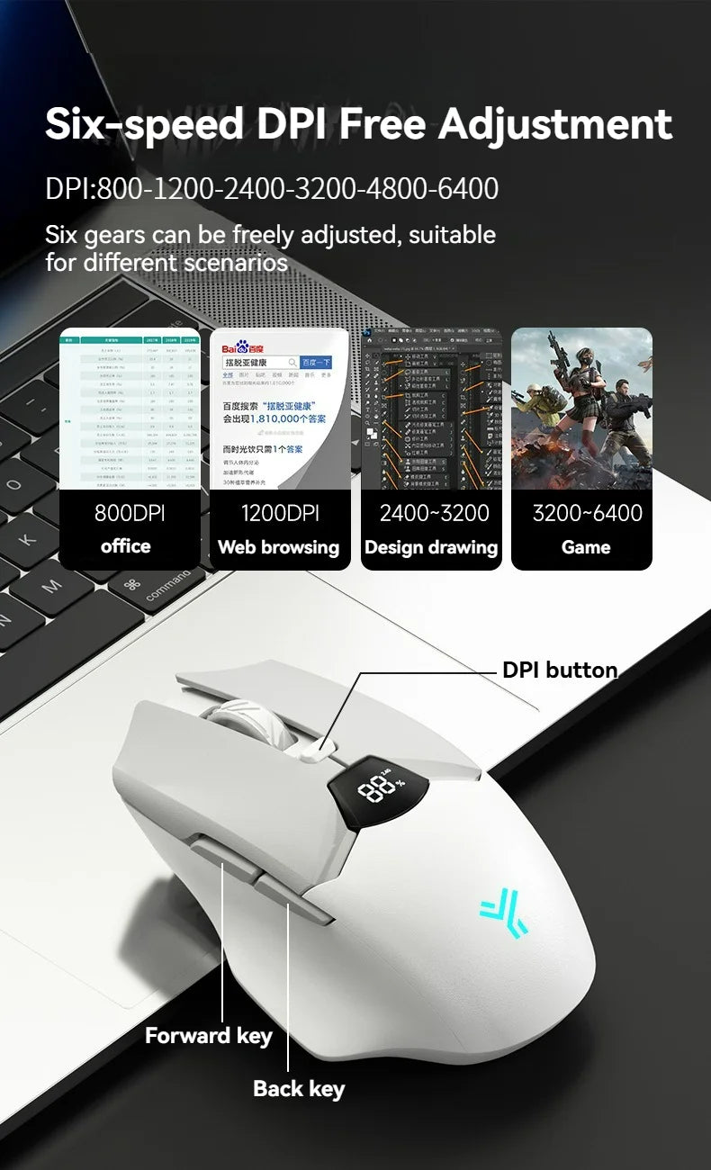 Bezprzewodowa mysz Bluetooth 2.4G z wyświetlaczem, akumulatorem 600mAh o dużej pojemności i cichymi przyciskami do gamingu oraz pracy biurowej