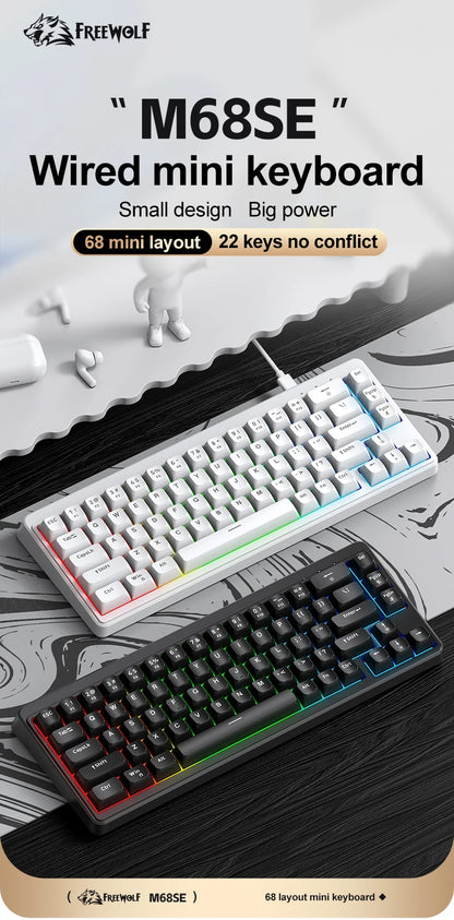 FREEWOLF M68SE 68 key wired mini keyboard, designed ergonomically, dazzling lights and compatible with multiple systems