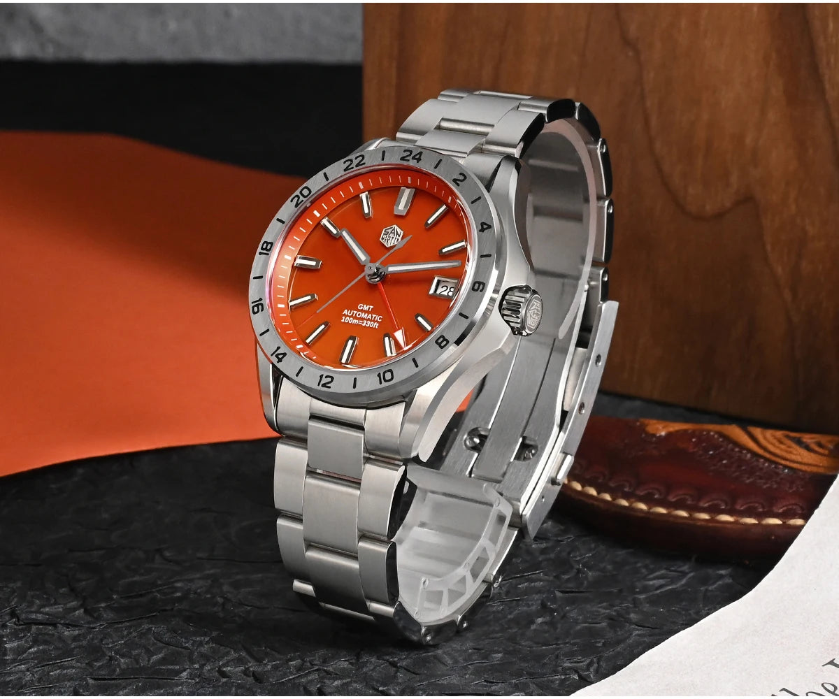Relógio de Luxo para Homem San Martin 39mm com Mostrador em Pedra Aventurina, NH34 GMT Automático Mecânico, Safira, Impermeável e Luminescente SN0129