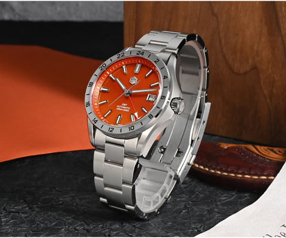 Relógio de Luxo para Homem San Martin 39mm com Mostrador em Pedra Aventurina, NH34 GMT Automático Mecânico, Safira, Impermeável e Luminescente SN0129