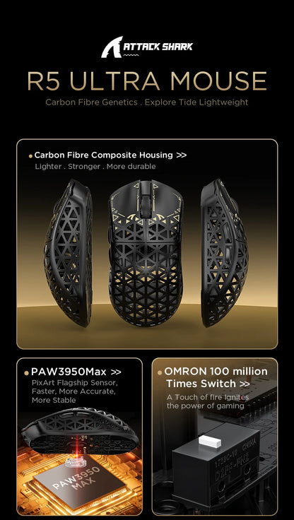 Rato Gaming Sem Fios ATTACK SHARK R5 Ultra Carbon Fiber, Sensor Gaming PixArt PAW3950MAX, 42000DPI, 8000Hz, MCU Nordic 52840