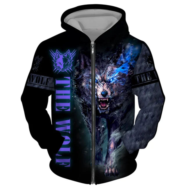 3D Wolf Print Men Zipper Hoodies Fashion Animal Pattern Top Coat Street Punk Style Oversized Sweatshirts Outdoor Leisure Jackets