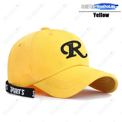R-Buchstabe, Bandstickerei, Baumwolle, verstellbar, Baseballkappe mit festem Schirm, Sonnenhut, Trucker-Caps, Hip-Hop-Caps