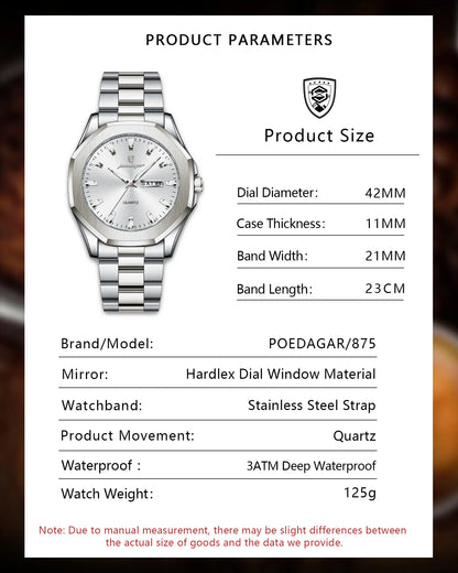 POEDAGAR Luxury Men Wristwatch Waterproof Luminous Week Date Casual Man Clock Stainless Steel Quartz Fashion Men's Watches Reloj