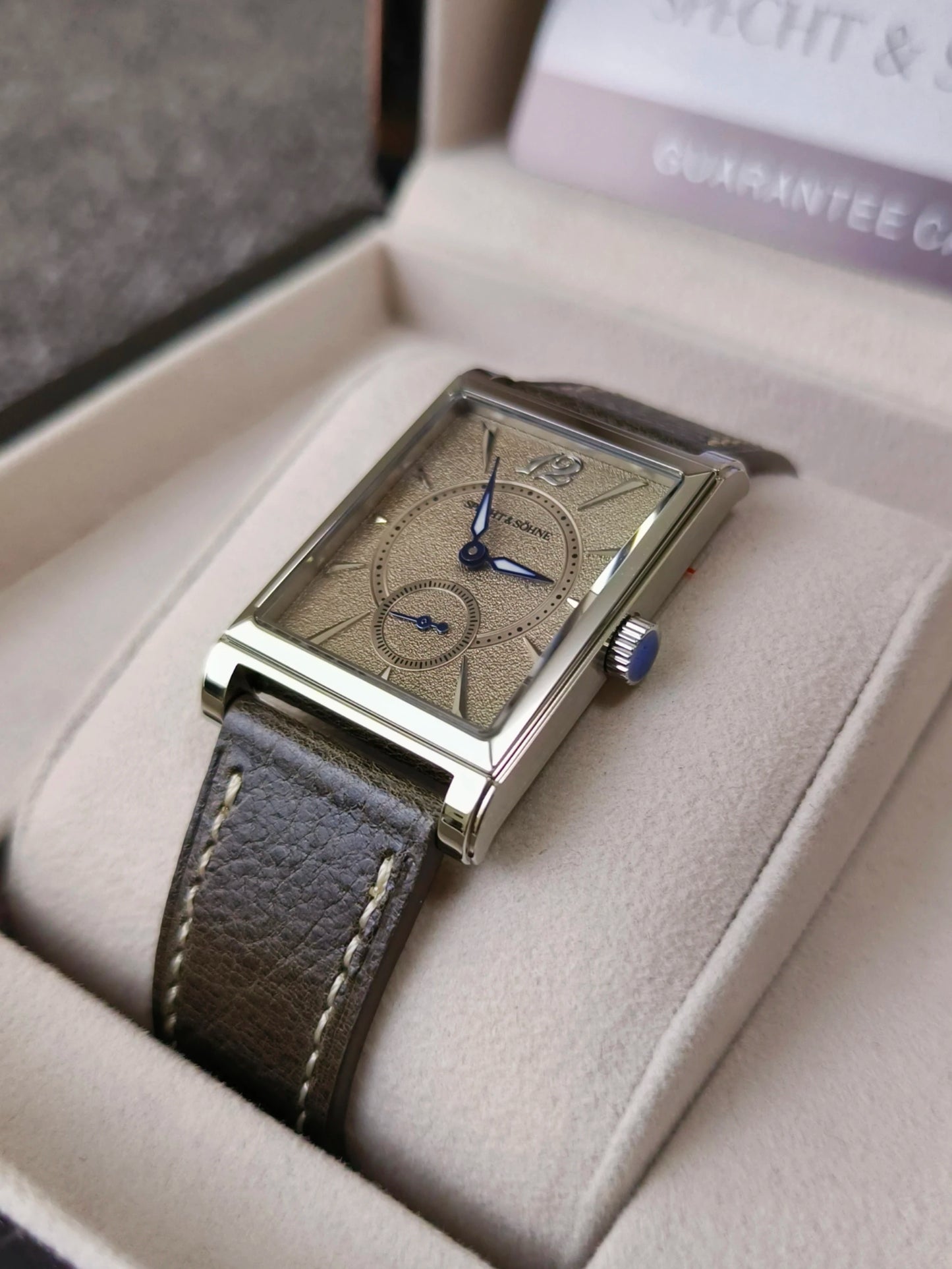 2026 Specht&Söhne Ultra Thin 7.5mm Rectangular Watch Japan Quartz Movement Small Seconds Sandblasted Dial Grey Leather Strap Watch