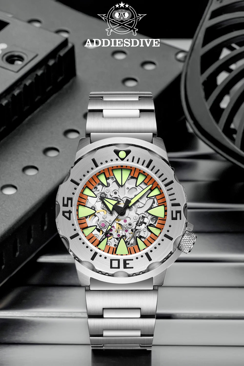 ADDIESDIVE luxury men's skeleton automatic watch sapphire glass BGW9 luminous diver's watch 200m men analog mechanical watches