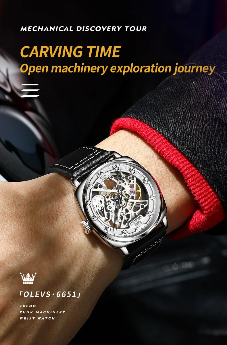 OLEVS 6651 Men's Watch Classic Automatic Mechanical Watch For Men Hollow Skeleton Clock Luxury Leather Waterproof Wrist Watches