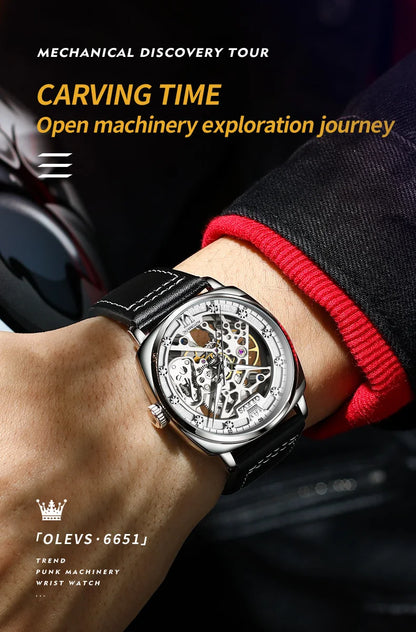 OLEVS 6651 Men's Watch Classic Automatic Mechanical Watch For Men Hollow Skeleton Clock Luxury Leather Waterproof Wrist Watches