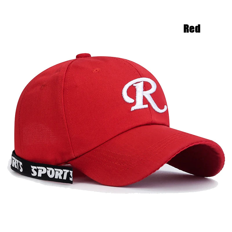 R-Buchstabe, Bandstickerei, Baumwolle, verstellbar, Baseballkappe mit festem Schirm, Sonnenhut, Trucker-Caps, Hip-Hop-Caps