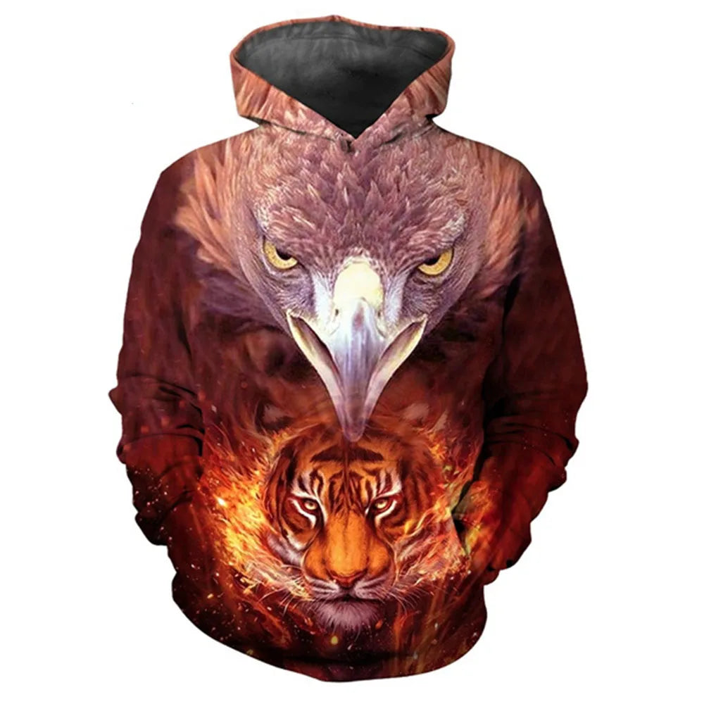 Sweatshirt com capuz oversized casual unissexo com estampado 3D de tigre, águia e lobo, estilo descontraído, pulôver de moda popular para homem