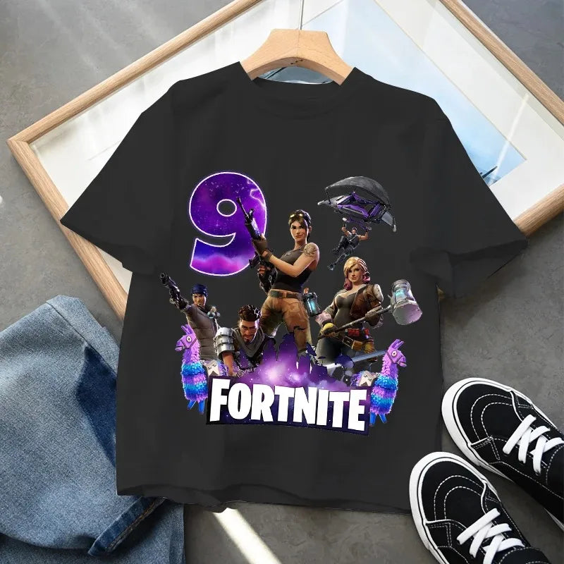Fortnite Kinder-Geburtstagszahl-T-Shirt für Mädchen und Jungen, Sommerkleidung, Baby-T-Shirt aus Baumwolle, kurzärmliges Party-Oberteil, Geschenk für Kleinkinder