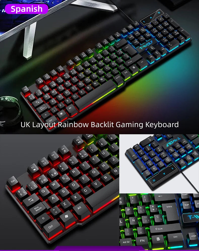 Mechanical feel Gaming Keyboard Light Backlit RGB wired keyboard USB office home  media keys Russian Spanish Arabic English
