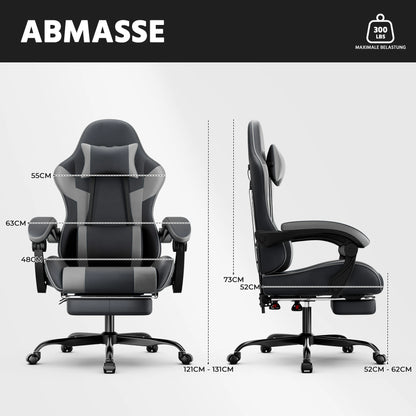 Black-Grey Ergonomic Gaming Chair, Lumbar Support, Breathable PU Leather, Adjustable Height & Backrest, 200kg for Office & PC