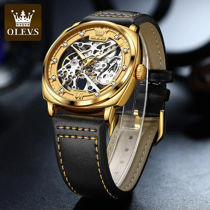 OLEVS 6651 Men's Watch Classic Automatic Mechanical Watch For Men Hollow Skeleton Clock Luxury Leather Waterproof Wrist Watches