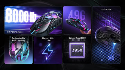 GravaStar Mercury X Pro trådlös gamingmus med tri-mode, 8K-mottagare, lätt magnesiumlegering, lång batteritid, RGB-gaming