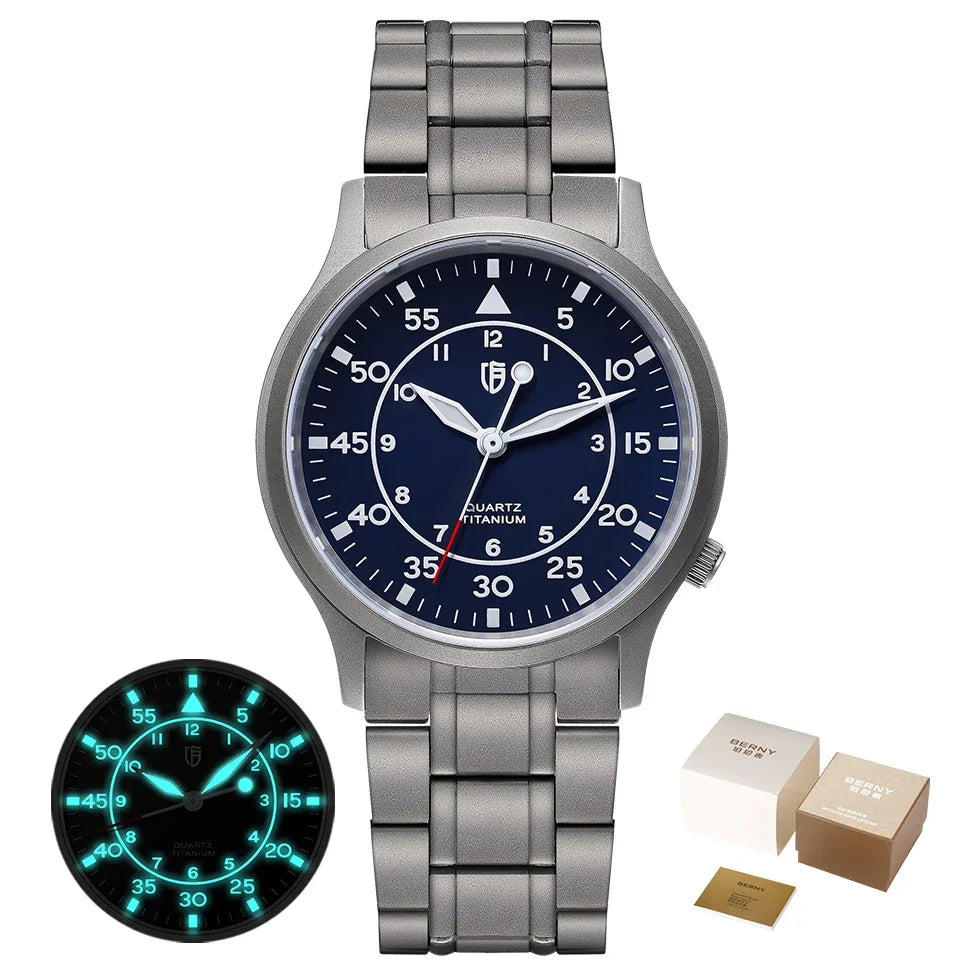 BERNY Titanium Watch For Men AR Coating Sapphire Fashion Wristwatch Luminous VH31 Ultra-thin Quartz Watch Waterproof 5ATM Watch