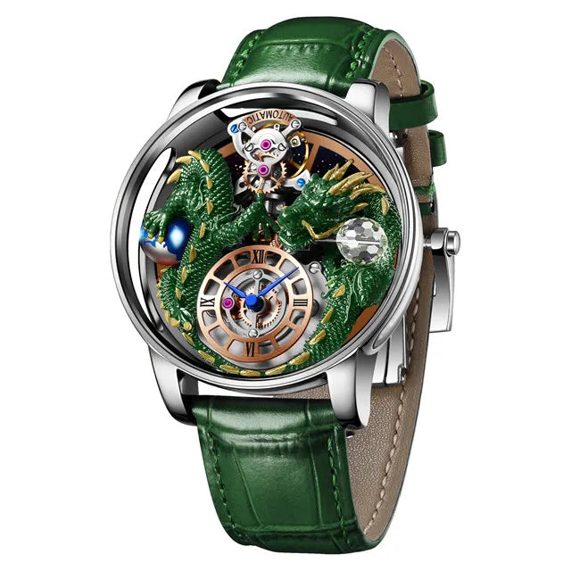 PINDU Design New 3D Dragon Earth Theme Quartz Watches Men Celestial Series Curved Mirror Transparent Design Watch Wristwatches